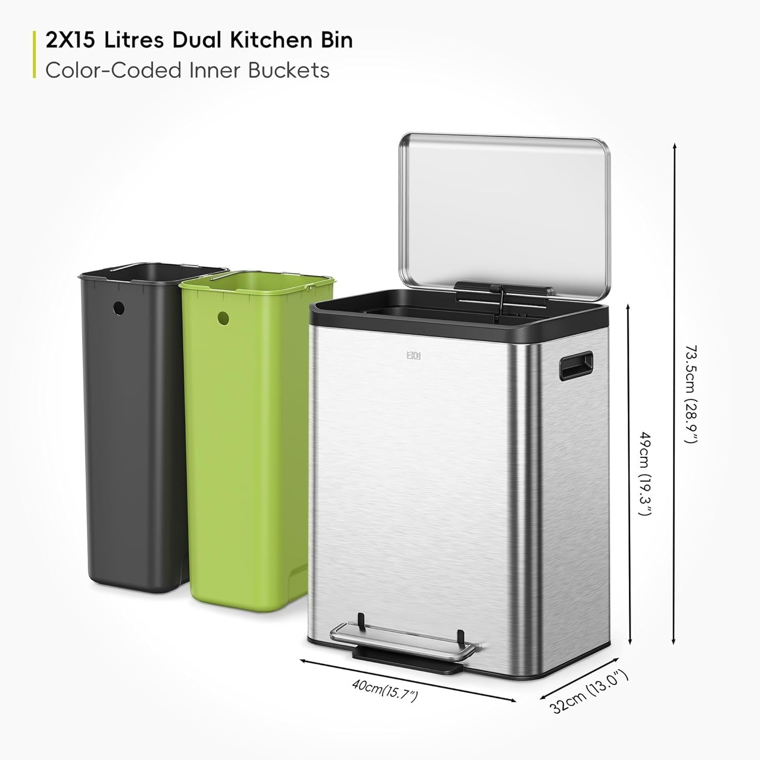 30L Dual Recycling Kitchen Bin 15+15L Stainless Steel Pedal
