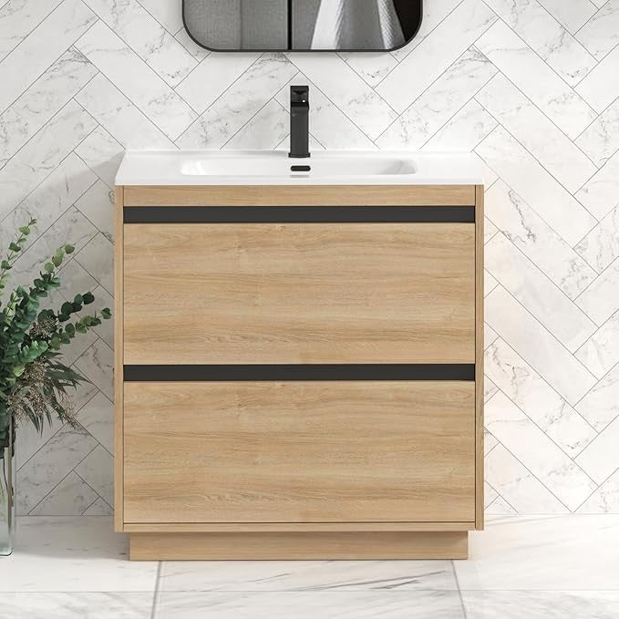 800mm Oak Floor Standing Vanity Unit with Basin Sink 2 Drawer Bathroom Cabinet