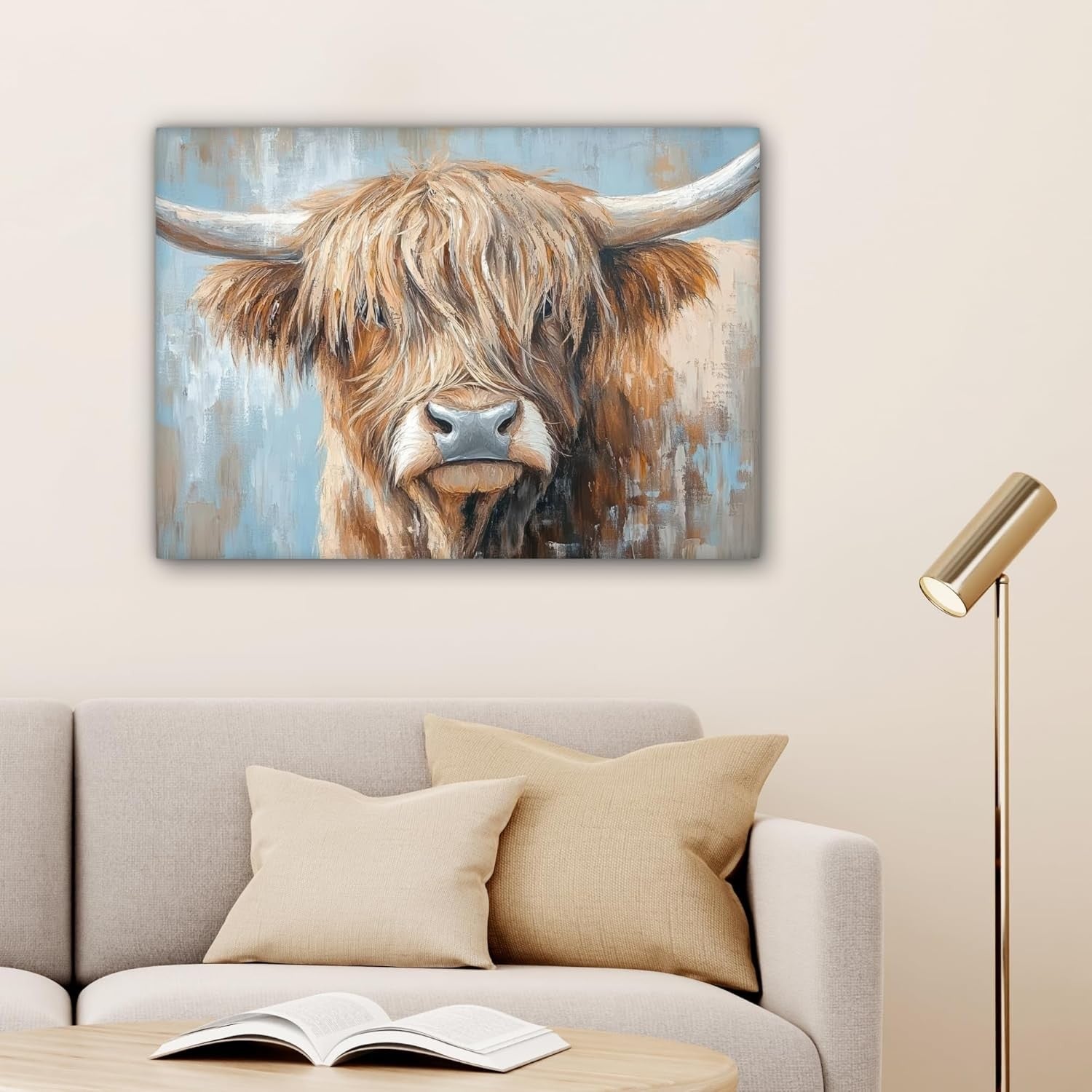 Highland Cow Canvas Wall Art Rustic Animal Print 70x50cm Living Room Decor