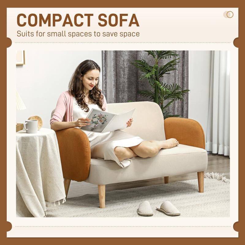 Modern 2 Seater Sofa Cream Velvet Couch Small Nordic Loveseat with Arms