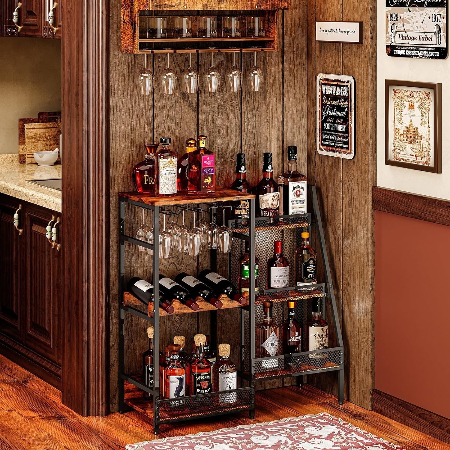 Freestanding Home Bar Liquor Rack with Glass Holder, 3-Tier Wine Display Shelf
