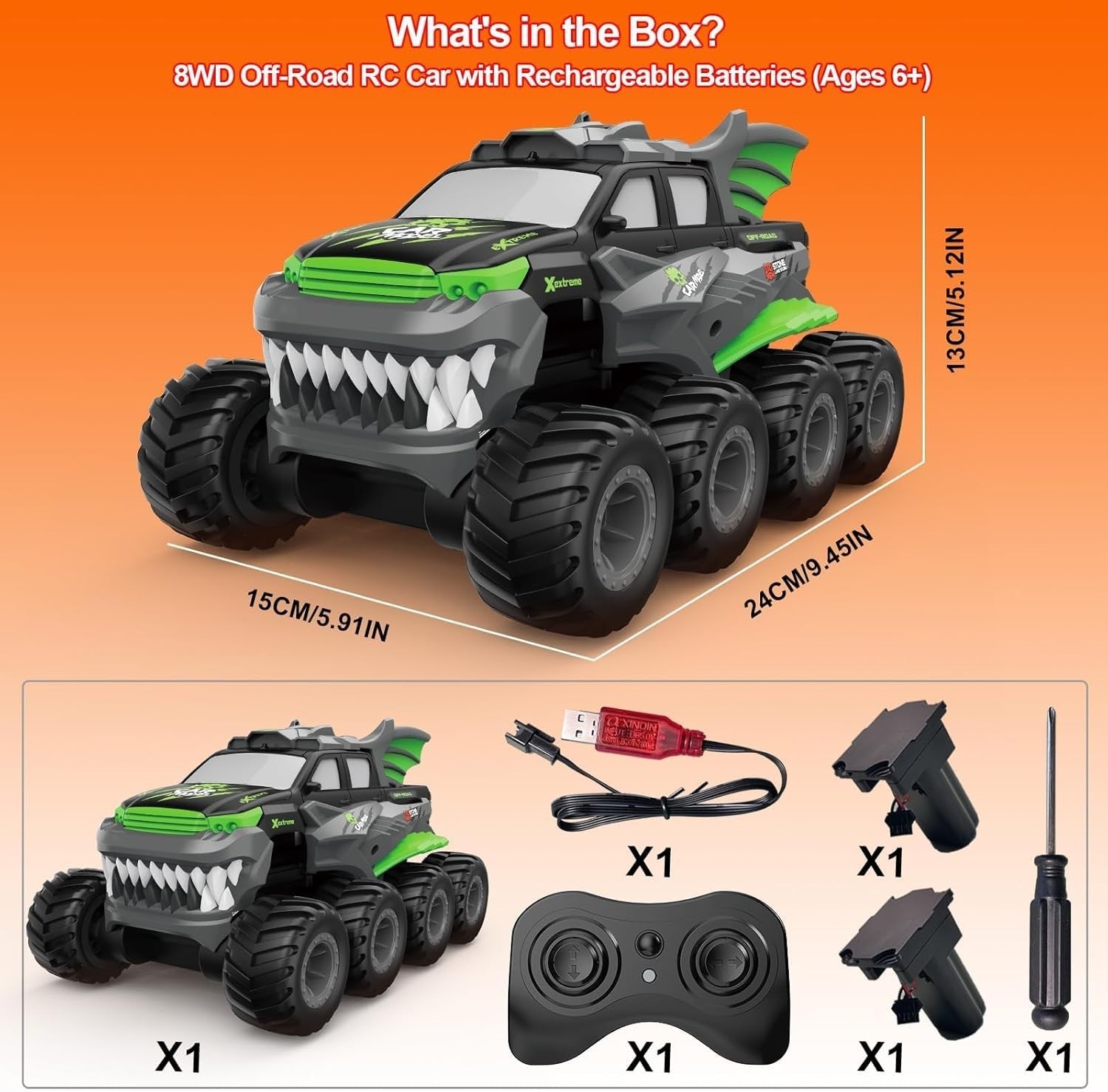 8WD Amphibious RC Monster Truck – Waterproof Off-Road Car w/ 2 Batteries, Green
