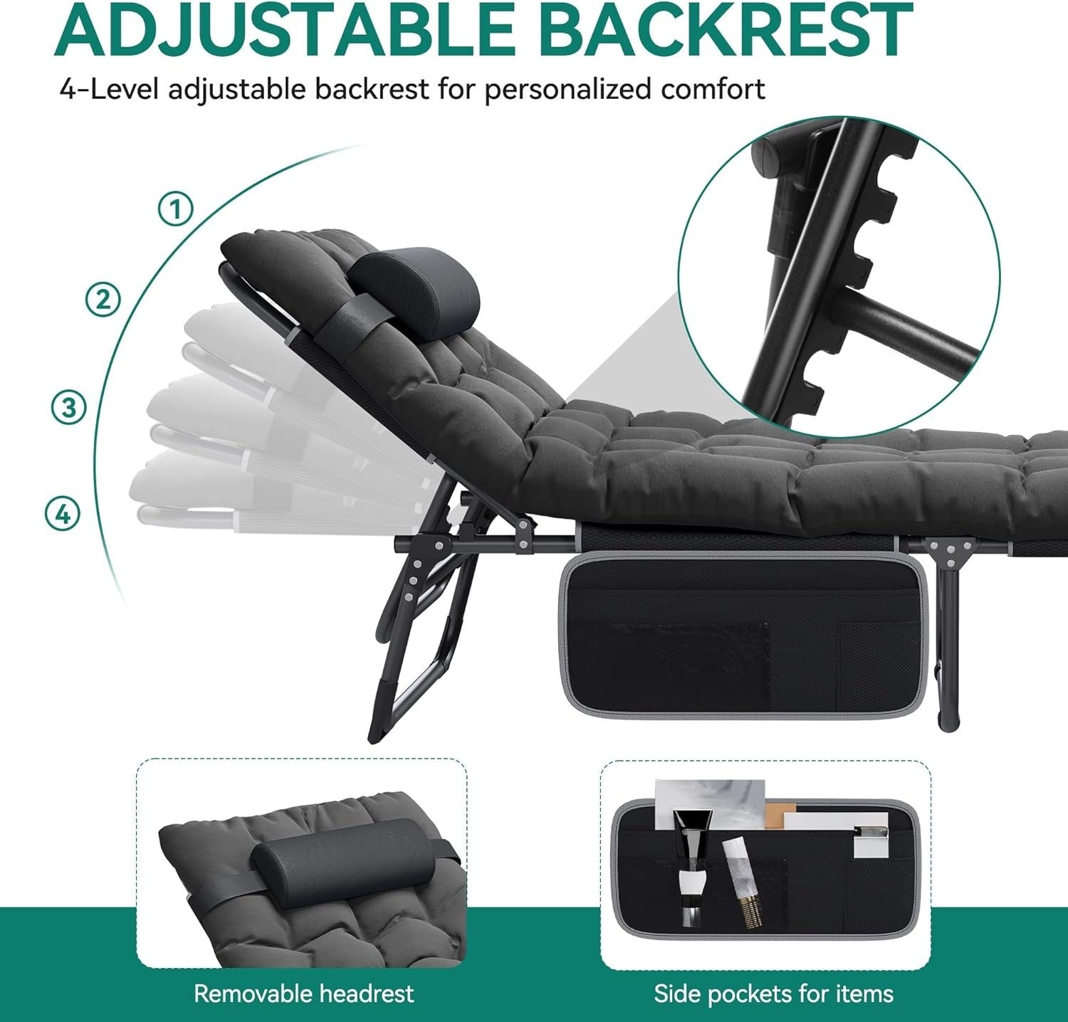 Folding Sun Lounger Recliner Bed w/ Cushion, 5-Position, Garden Camping