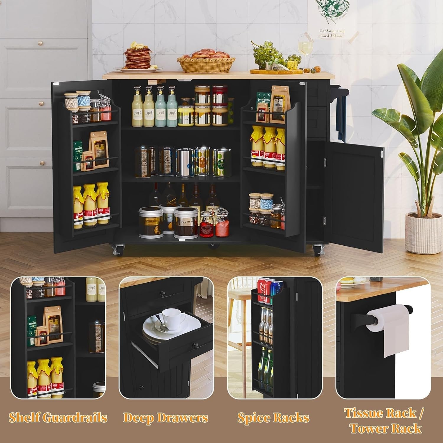 Rolling Kitchen Island Cart Drop Leaf 128cm Rubberwood Top