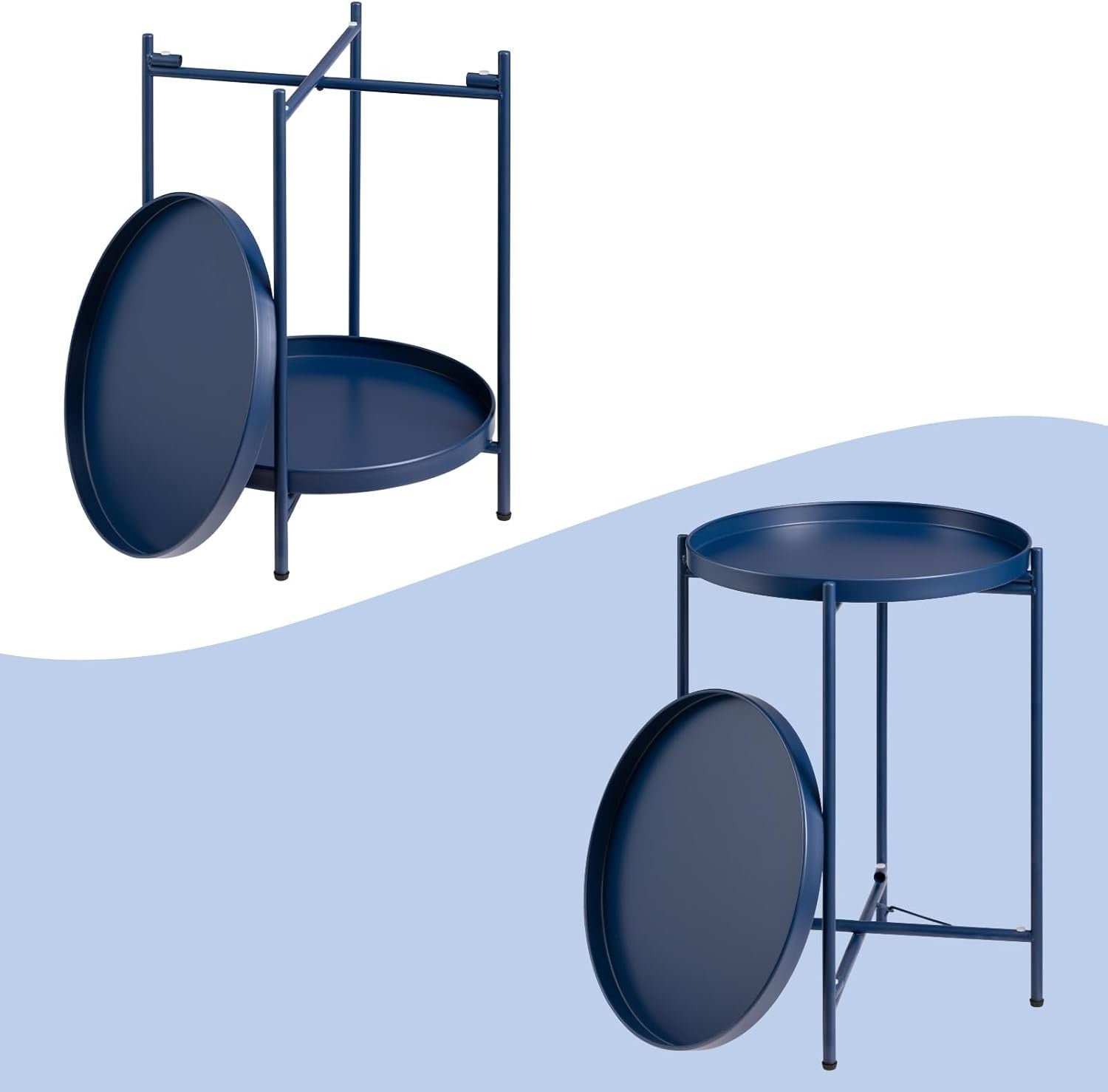 Small Round Metal Side Table 2-Tier Removable Tray Coffee Table Dark Blue