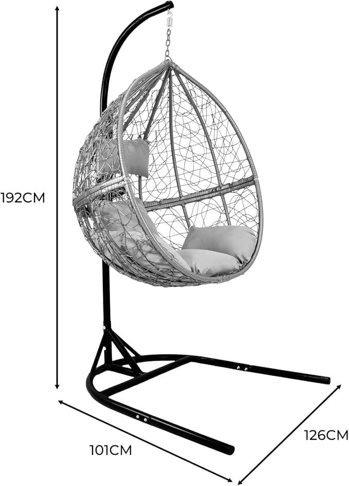 Hanging Egg Chair Grey Rattan Swing Seat w/ Cushions Indoor Outdoor Garden