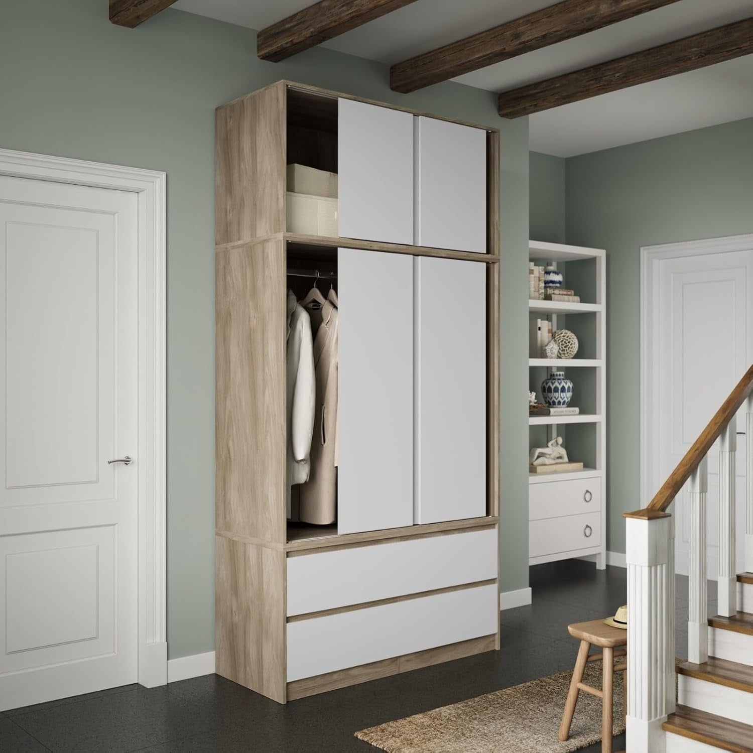 White 6 Door Sliding Wardrobe with Drawers 240cm Storage Closet Unit