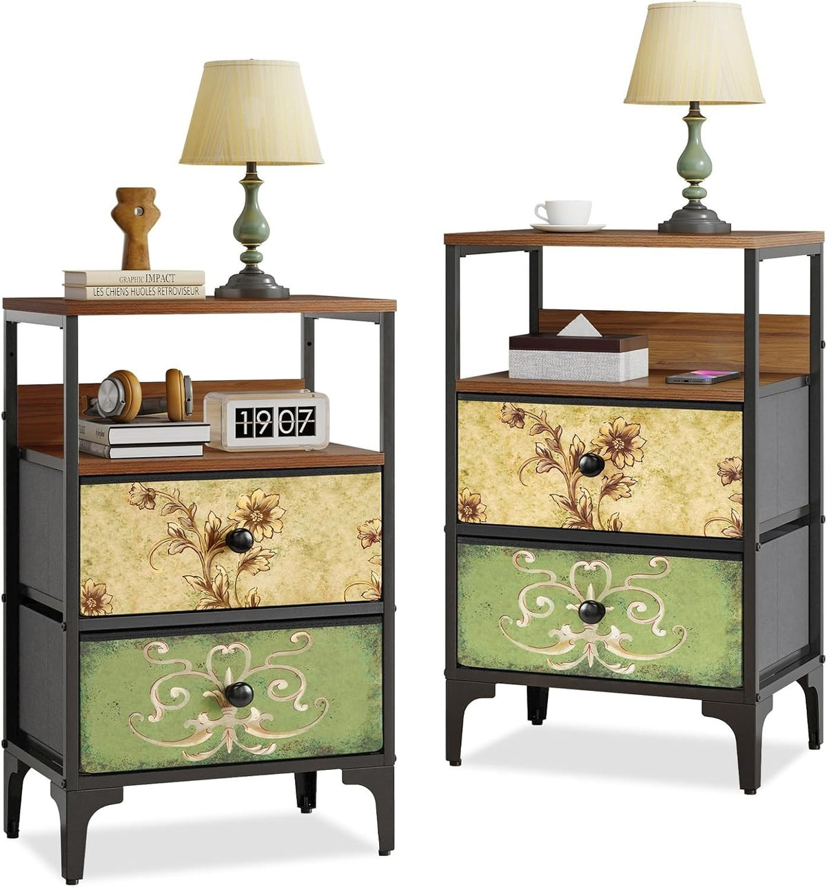 Set of 2 Vintage Bedside Tables – Fabric Drawer Nightstands with Metal Frame