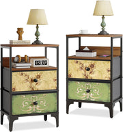 Set of 2 Vintage Bedside Tables – Fabric Drawer Nightstands with Metal Frame