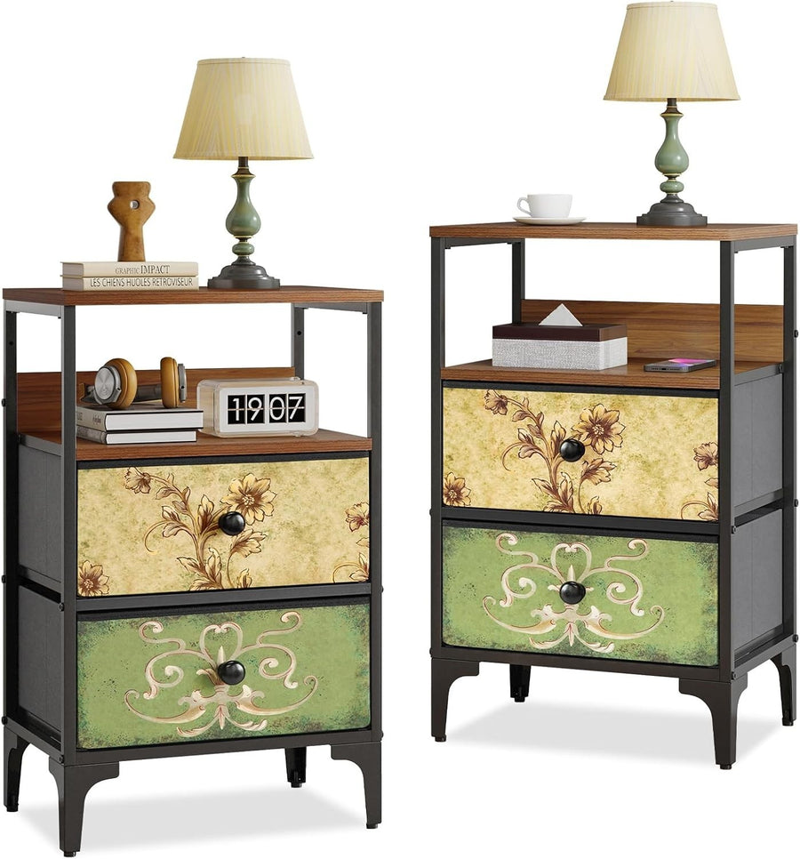 Set of 2 Vintage Bedside Tables – Fabric Drawer Nightstands with Metal Frame