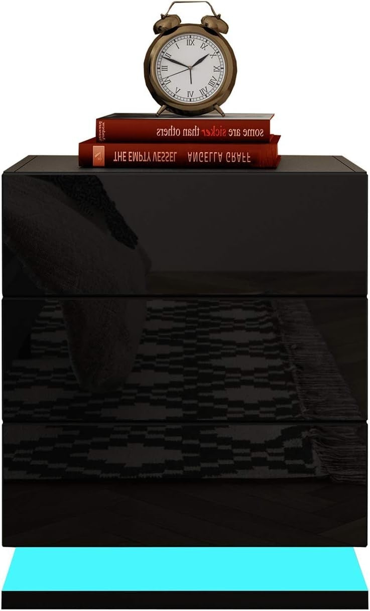 Modern Black LED Bedside Table with 3 Drawers – High Gloss Nightstand
