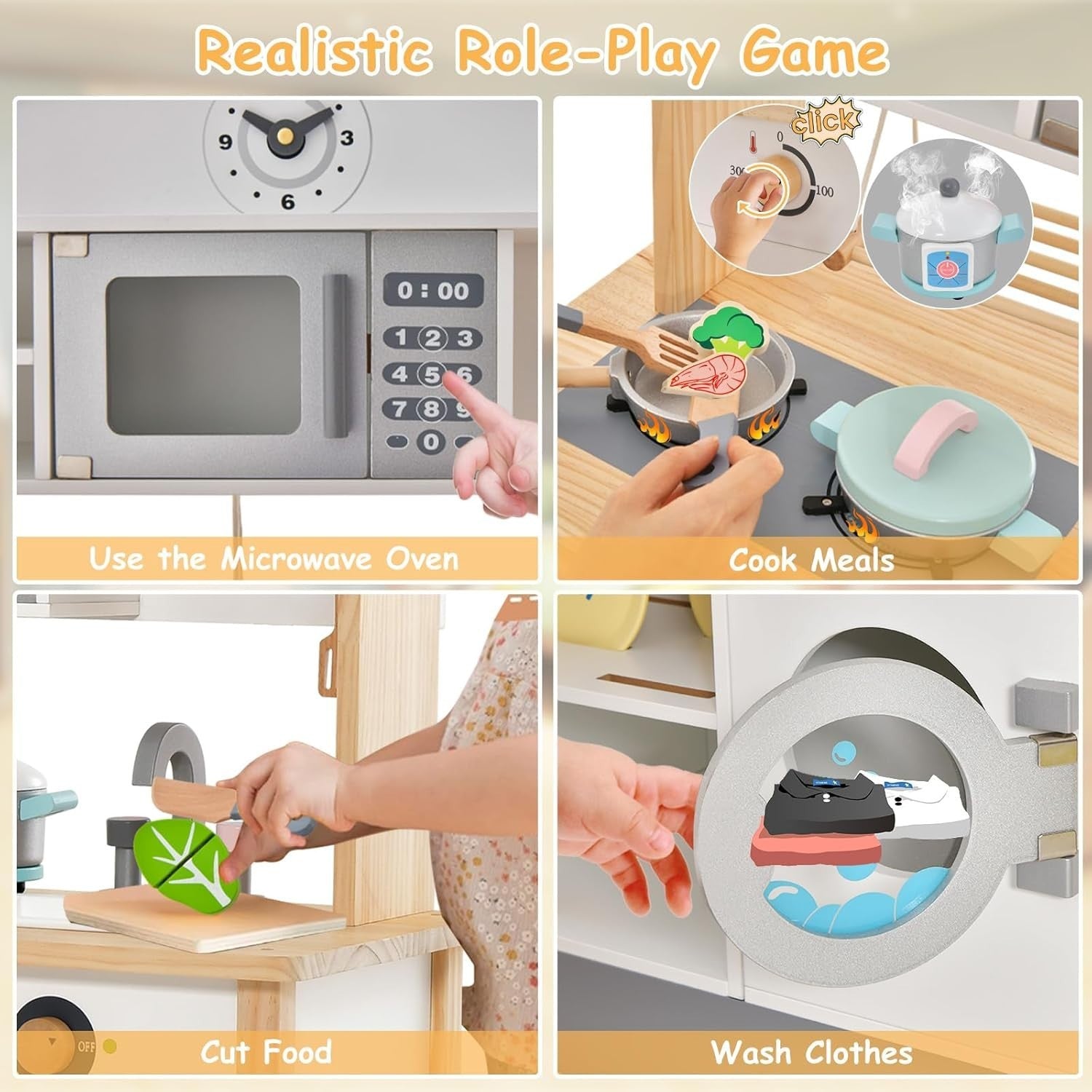Wooden Kids Play Kitchen Chef Set Microwave Washer Toy Kitchen