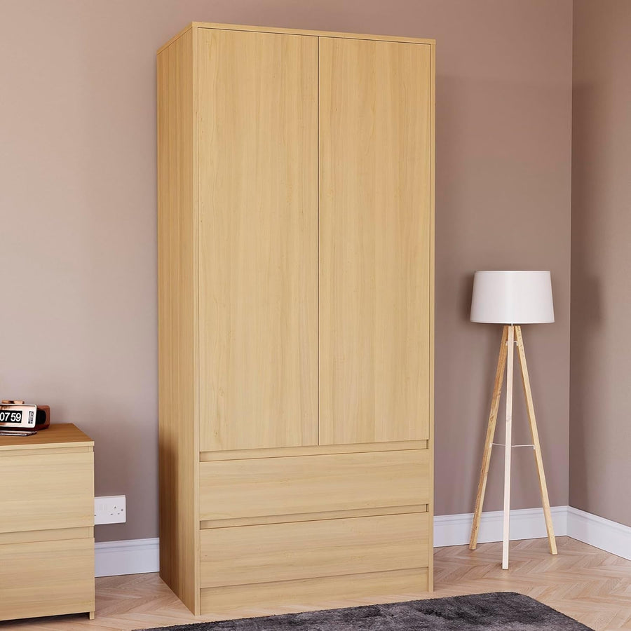 2 Door Wardrobe with 2 Drawers Pine Wood Storage Cabinet Modern Bedroom