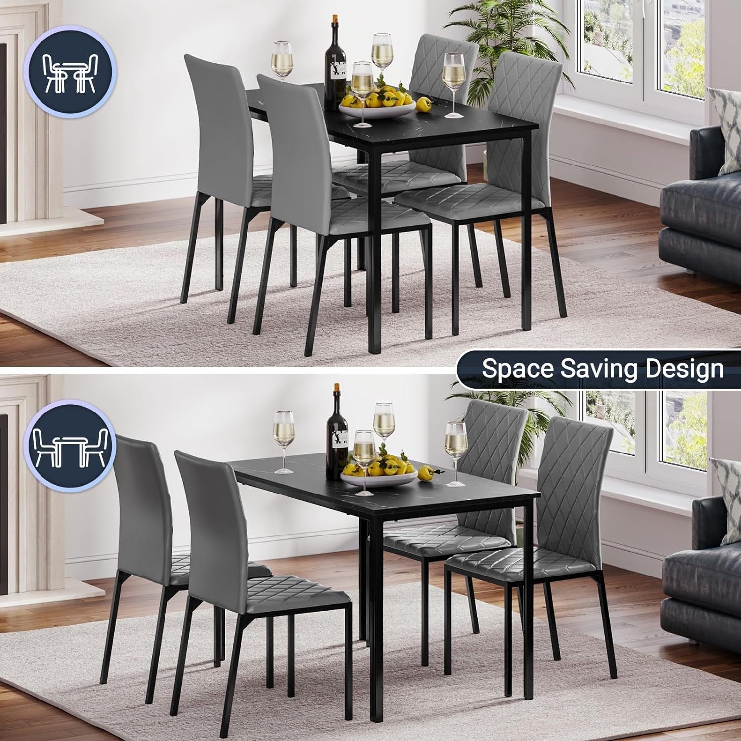 Modern Marble Effect Dining Table Set 4 PU Leather Chairs Kitchen Grey