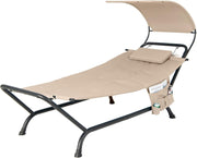 Beige Outdoor Hammock with Stand, Canopy & Cushion, Patio Swing Lounger