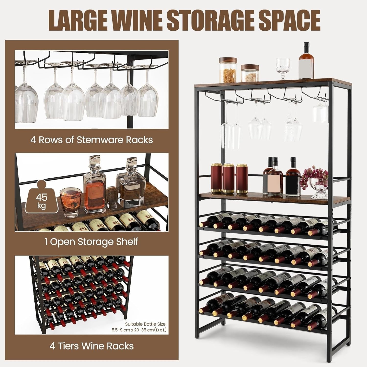6 Tier Wine Rack 32 Bottle Bar Cabinet with Glass Holder & Display Shelves
