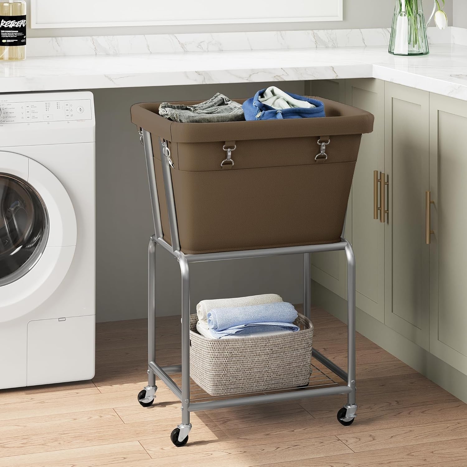 Rolling Laundry Cart with Wheels Removable Bag & Shelf Metal Frame Laundry