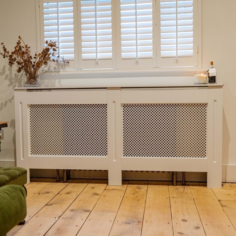 White Radiator Cover Cabinet Large | Modern MDF Wood | Diamond Slat Heater Cover