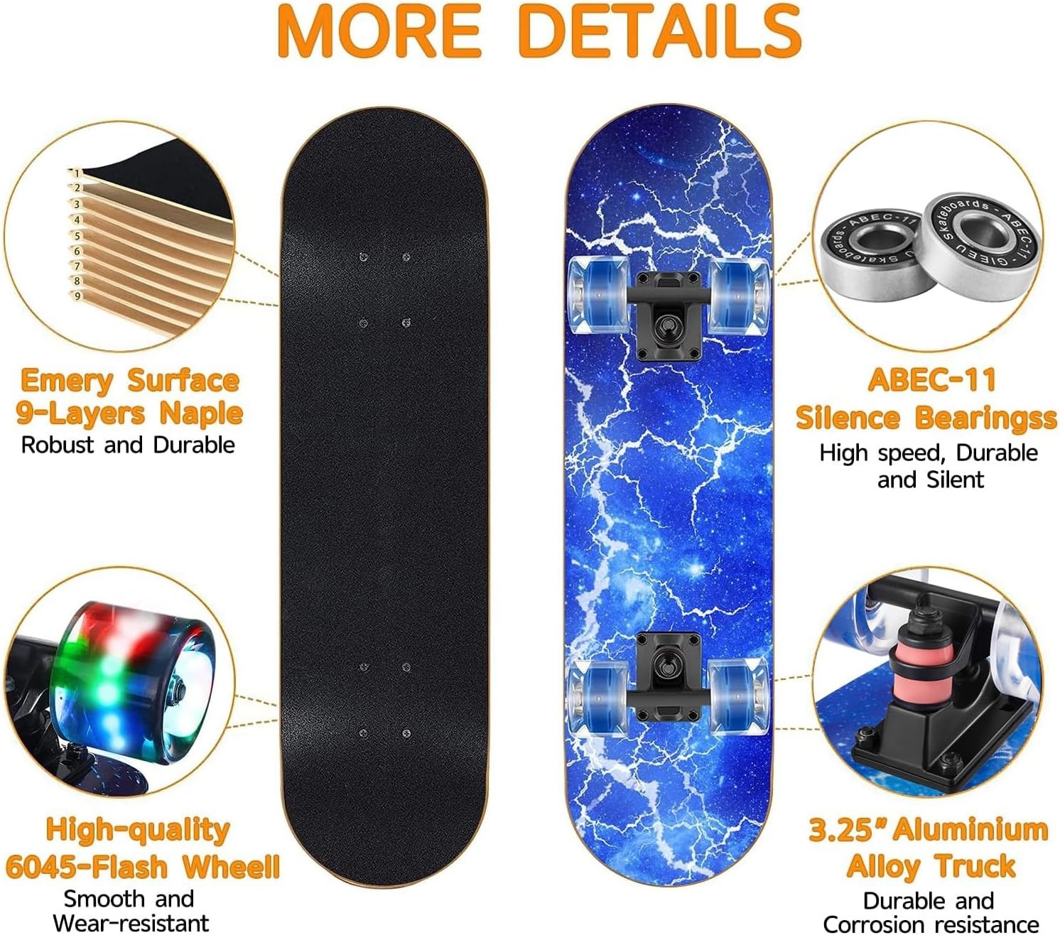 31" Complete Skateboard Lightning Design Maple Deck LED Wheels Youth Adult