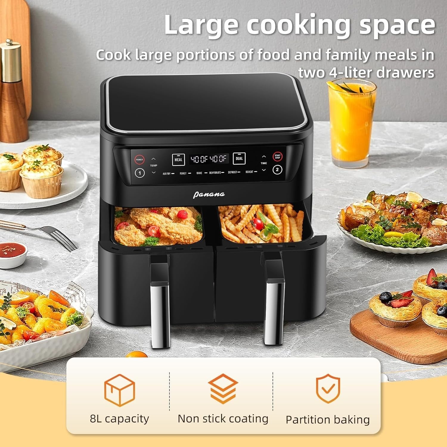 8L Dual Zone Air Fryer | Large Capacity 2 Drawers | 8-in-1 Presets | Sync Cook