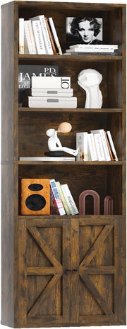 Tall Rustic Brown 6-Tier Bookcase Cabinet Doors Modern Storage Unit 181cm