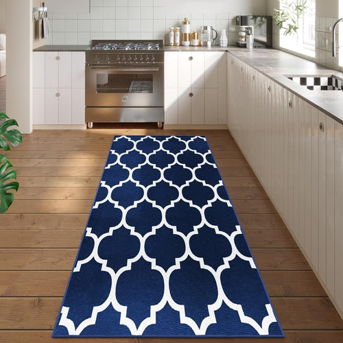 Navy Runner Rug 80x300cm Geometric Trellis Non-Slip Soft Hallway Carpet Modern