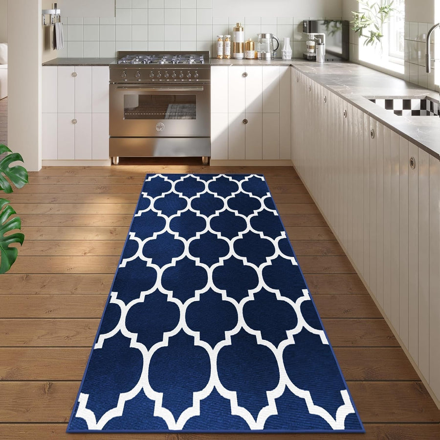 Navy Runner Rug 80x300cm Geometric Trellis Non-Slip Soft Hallway Carpet Modern