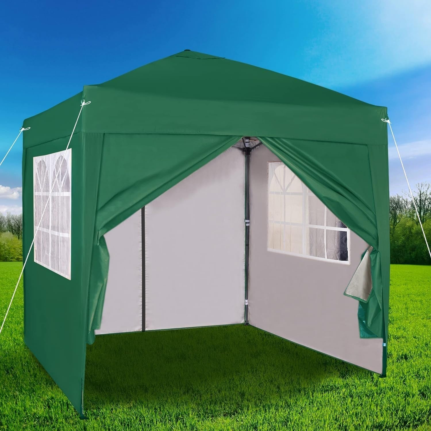 2x2m Pop Up Gazebo Waterproof w/ Sides Green Silver Protective Canopy