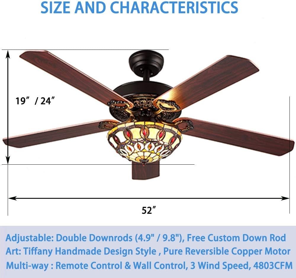 ANFERSONLIGHT 52" Tiffany Ceiling Fan, 5 Blades, Quiet, Remote, Black/Copper