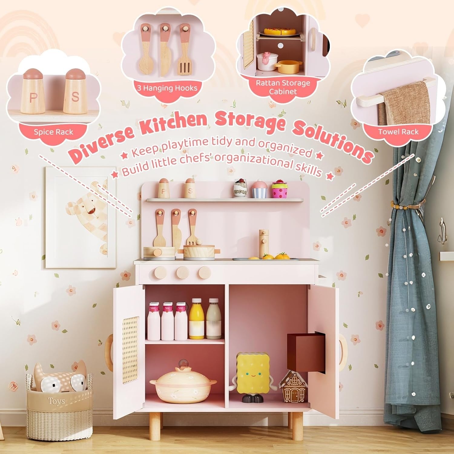 Kids Wooden Play Kitchen w/ Ice Maker Sink Pink Toy Set
