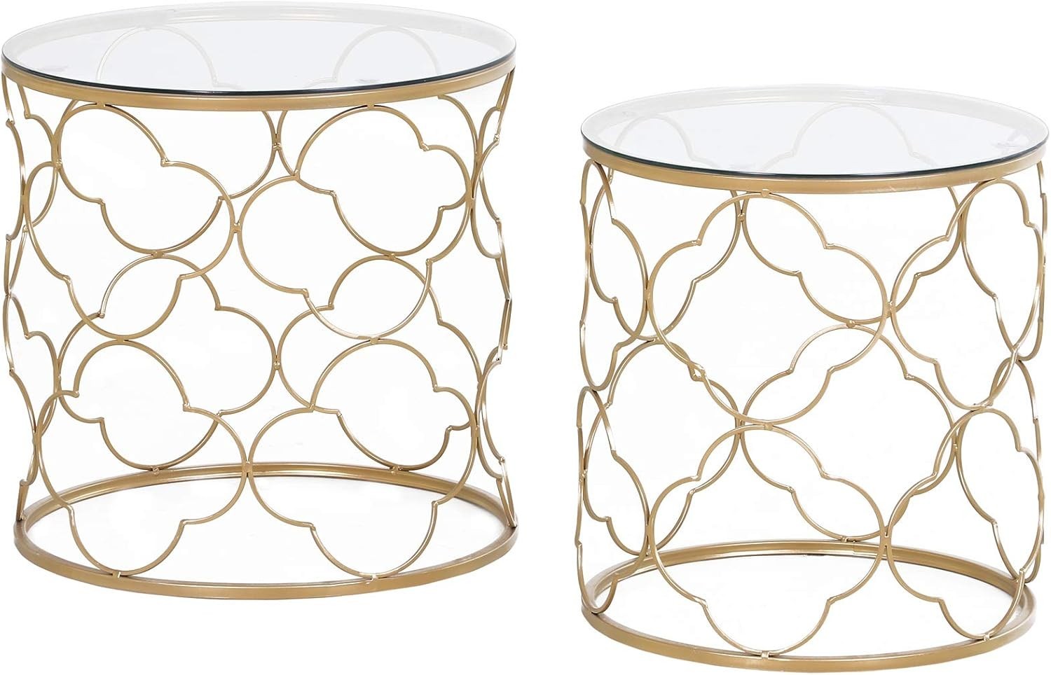 Nest of 2 Round Side End Tables Gold Tone Metal Frame Tempered Glass Top Modern