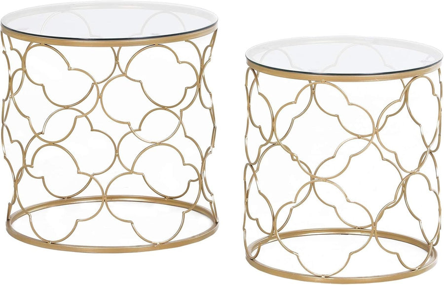 Nest of 2 Round Side End Tables Gold Tone Metal Frame Tempered Glass Top Modern