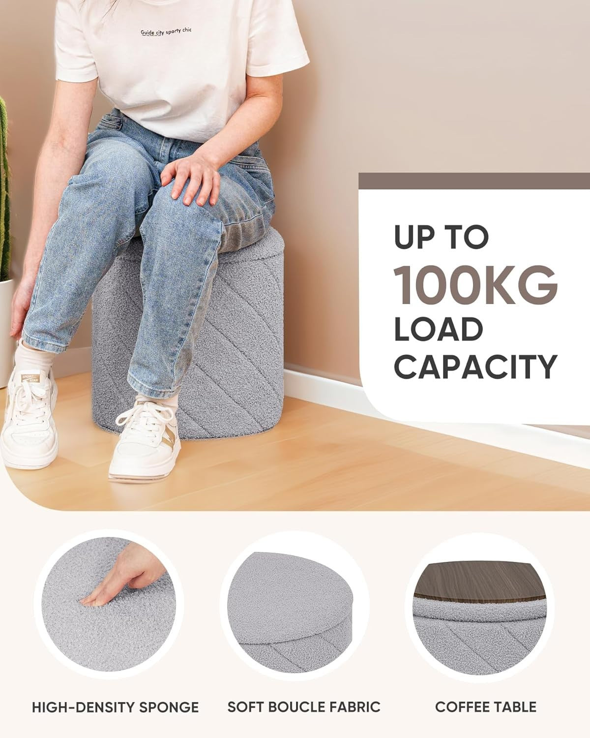 Grey Boucle Round Storage Ottoman Stool Folding Footrest Vanity Seat