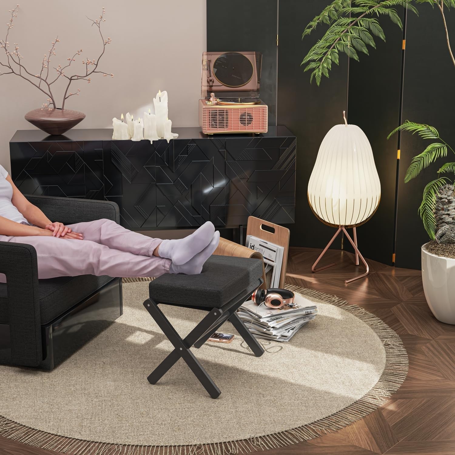 Black Foldable Footstool Ottoman with Bamboo X-Legs & Thick Chenille Cushion