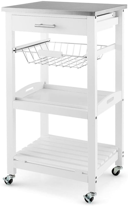 4 Tier Kitchen Storage Trolley on Wheels Drawer Wire Basket & Shelves