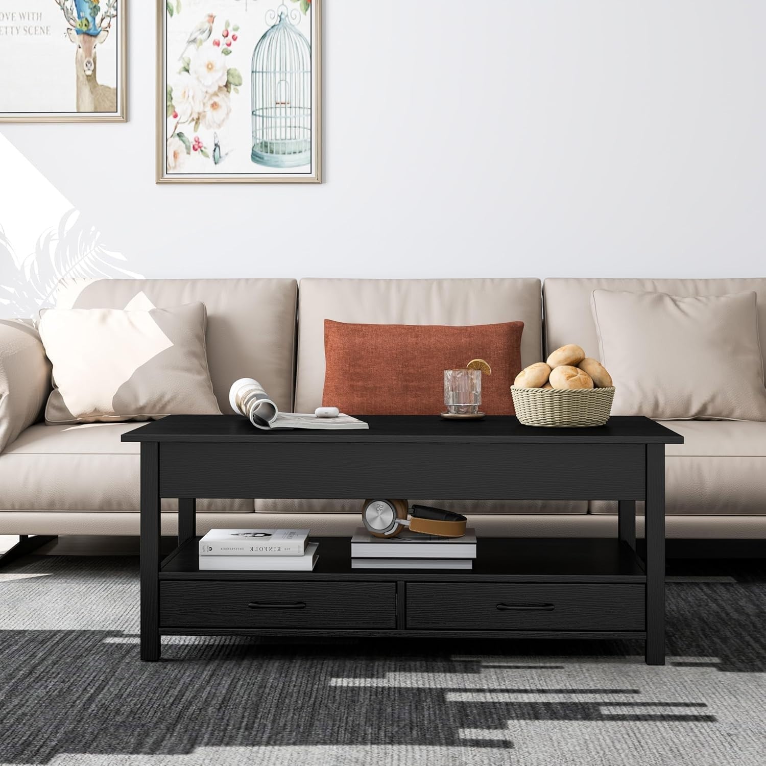 Lift-Up Coffee Table with Storage Drawers & Hidden Compartment Black Wood