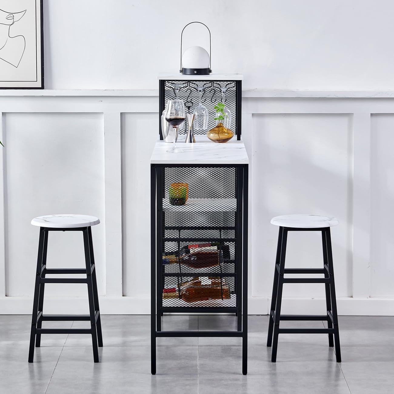 3 Piece Bar Table Set Wine Rack Shelves & 2 Stools White Marble Dining Furniture