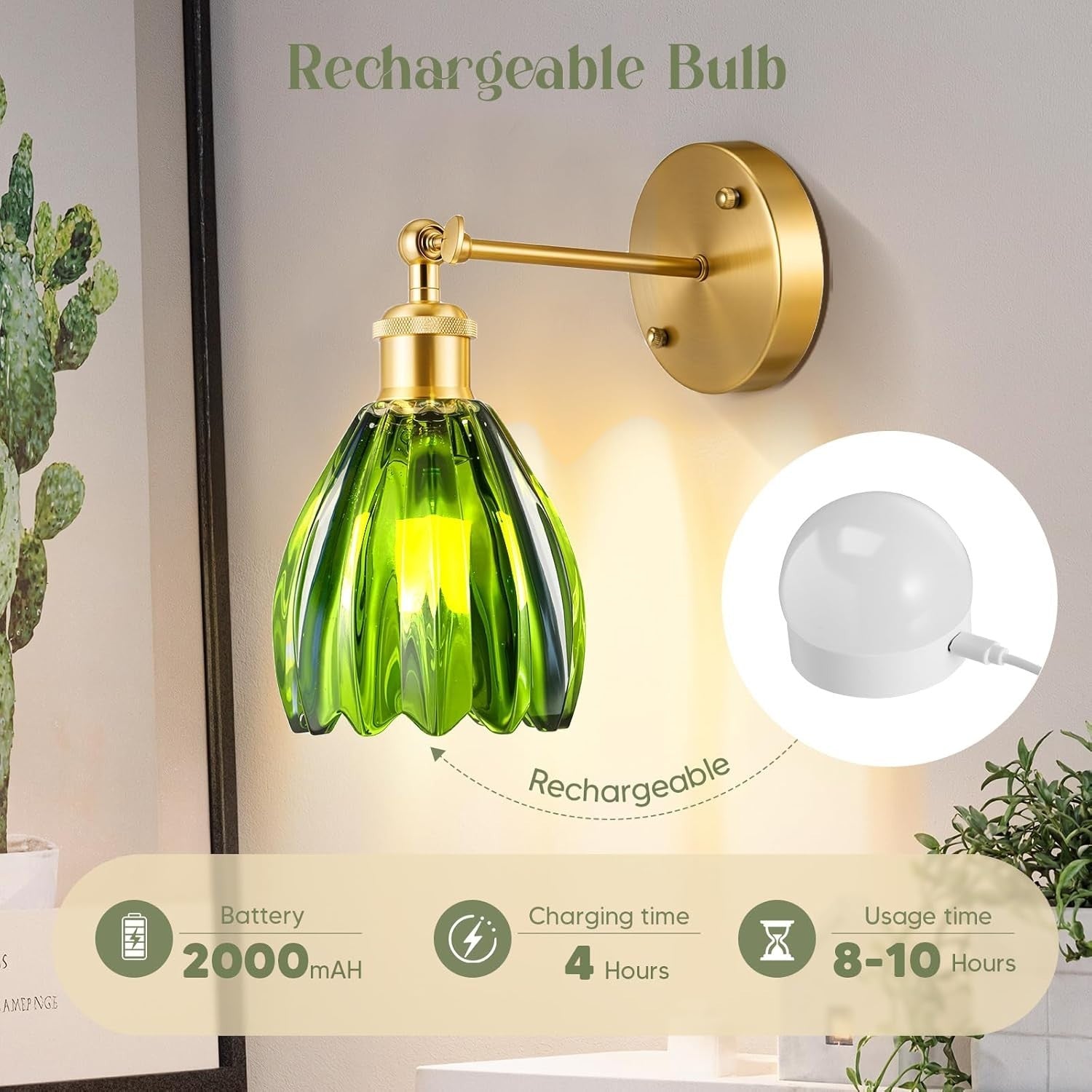 Vintage Wall Sconce Lights Set 2 Green Glass LED Wireless Dimmable Remote