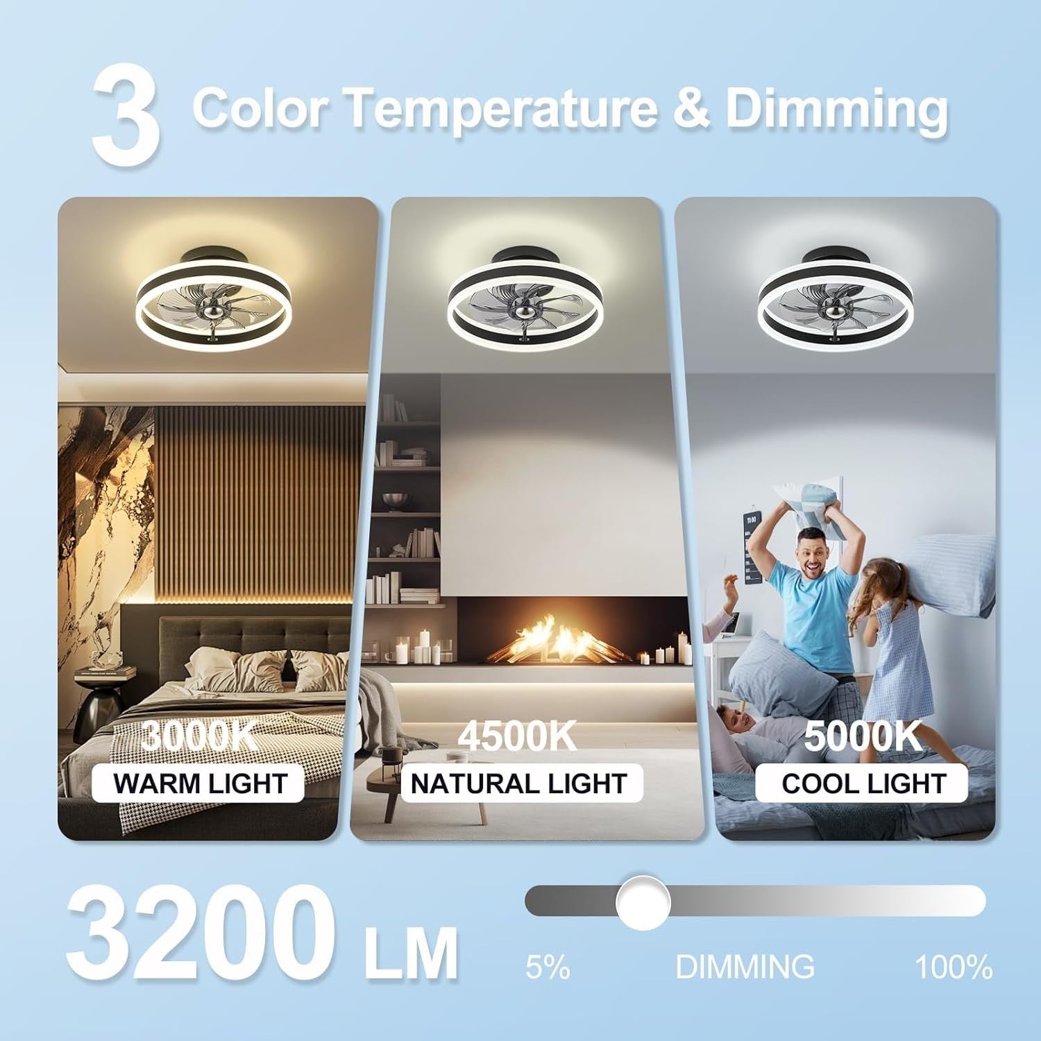Bellanny 48CM Ceiling Fan, 6 Speeds, Dimmable LED, Reversible, Quiet Motor