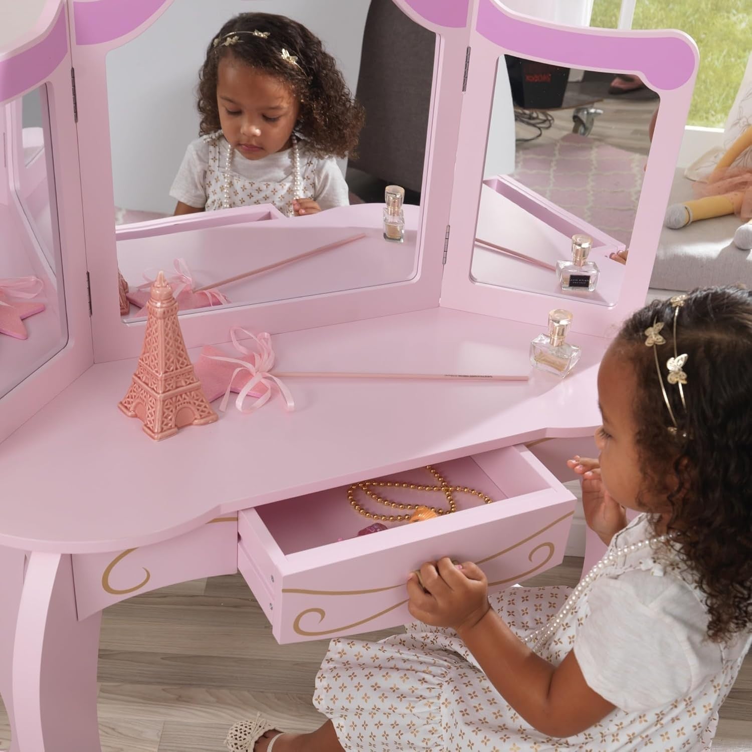Kids Wooden Princess Vanity Table with Mirror, Stool & Storage Drawer