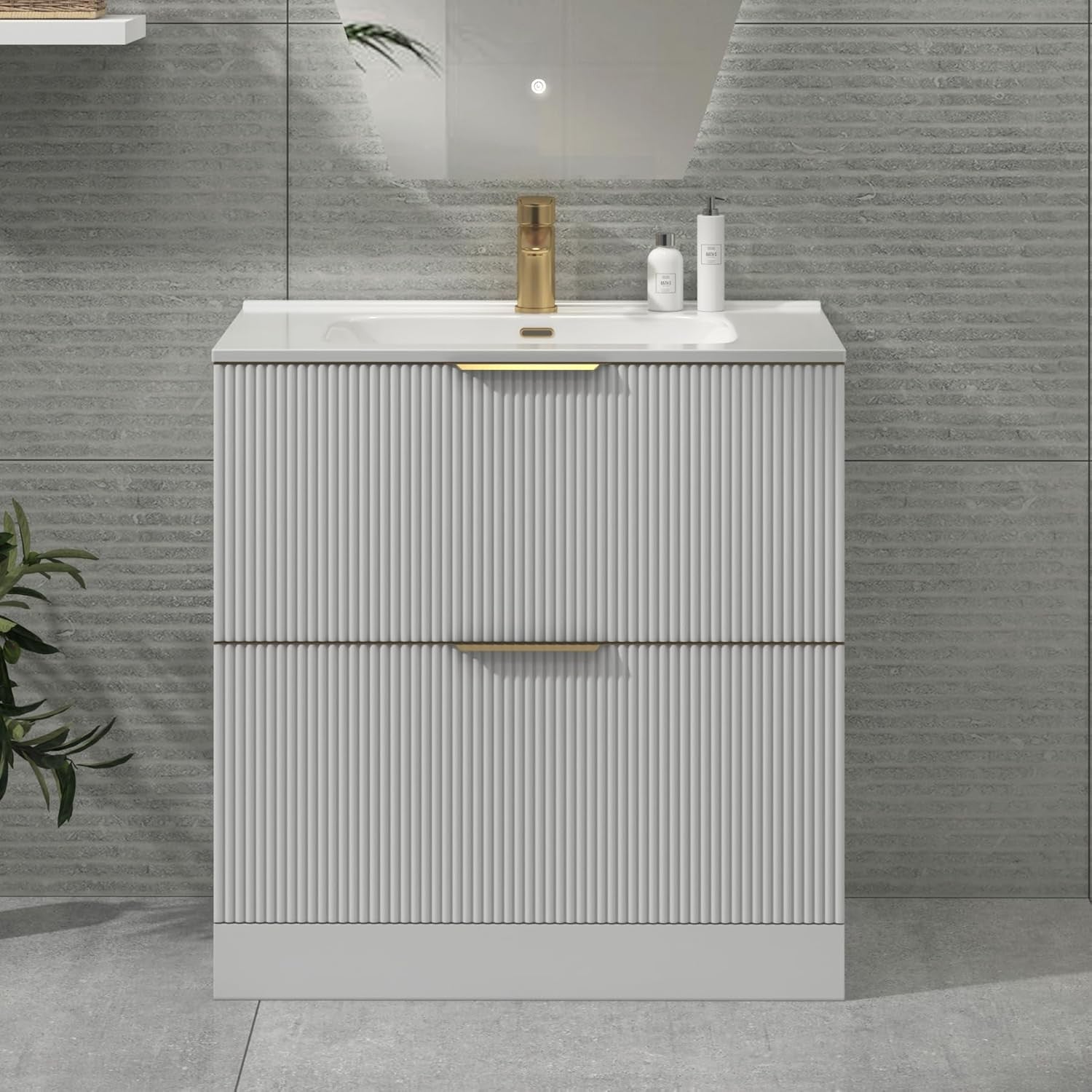 White 800mm Fluted Bathroom Vanity Unit with 2 Drawers & Basin Brass Handles