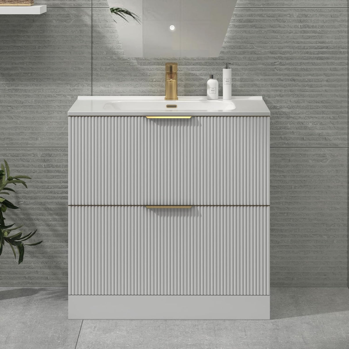 White 800mm Fluted Bathroom Vanity Unit with 2 Drawers & Basin Brass Handles