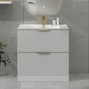 White 800mm Fluted Bathroom Vanity Unit with 2 Drawers & Basin Brass Handles