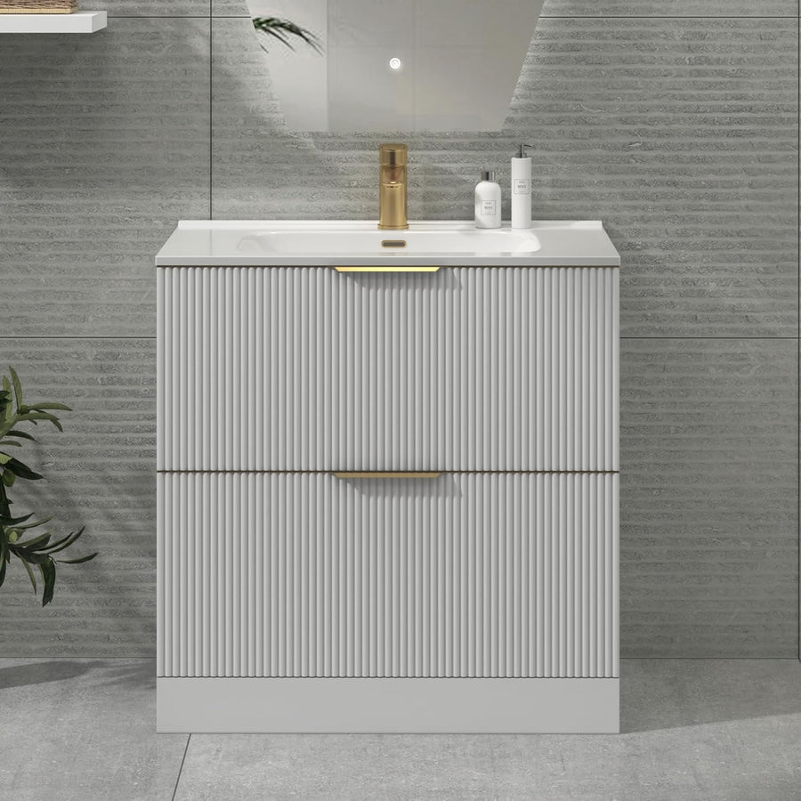 White 800mm Fluted Bathroom Vanity Unit with 2 Drawers & Basin Brass Handles