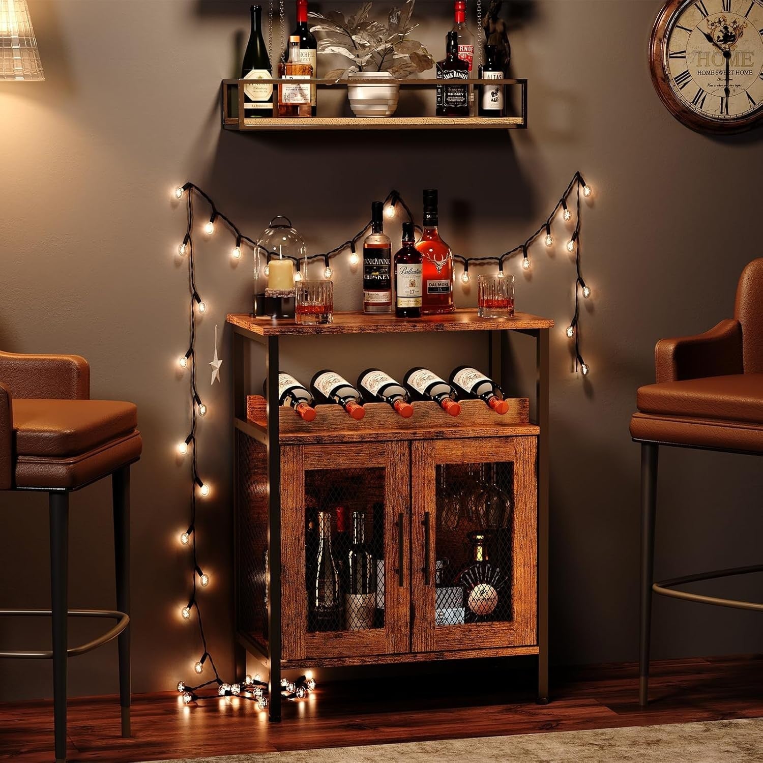 Wine Bar Cabinet with Glass Holder & Bottle Rack | Rustic Brown Sideboard