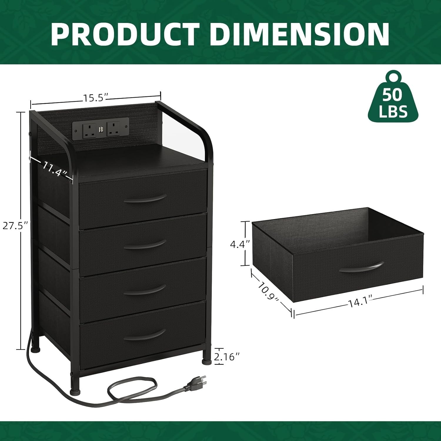 Black Bedside Cabinet  Charging Ports 4-Drawer Nightstand Small Storage