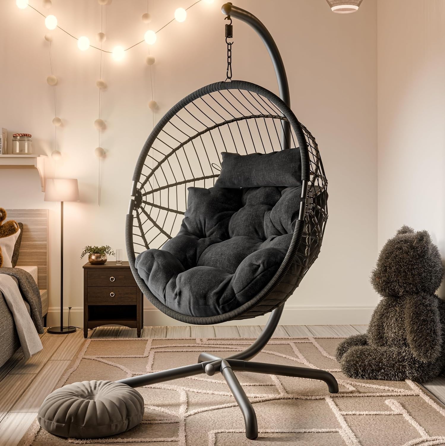 Rattan Hanging Egg Chair with Cushion & Stand Indoor Outdoor Black