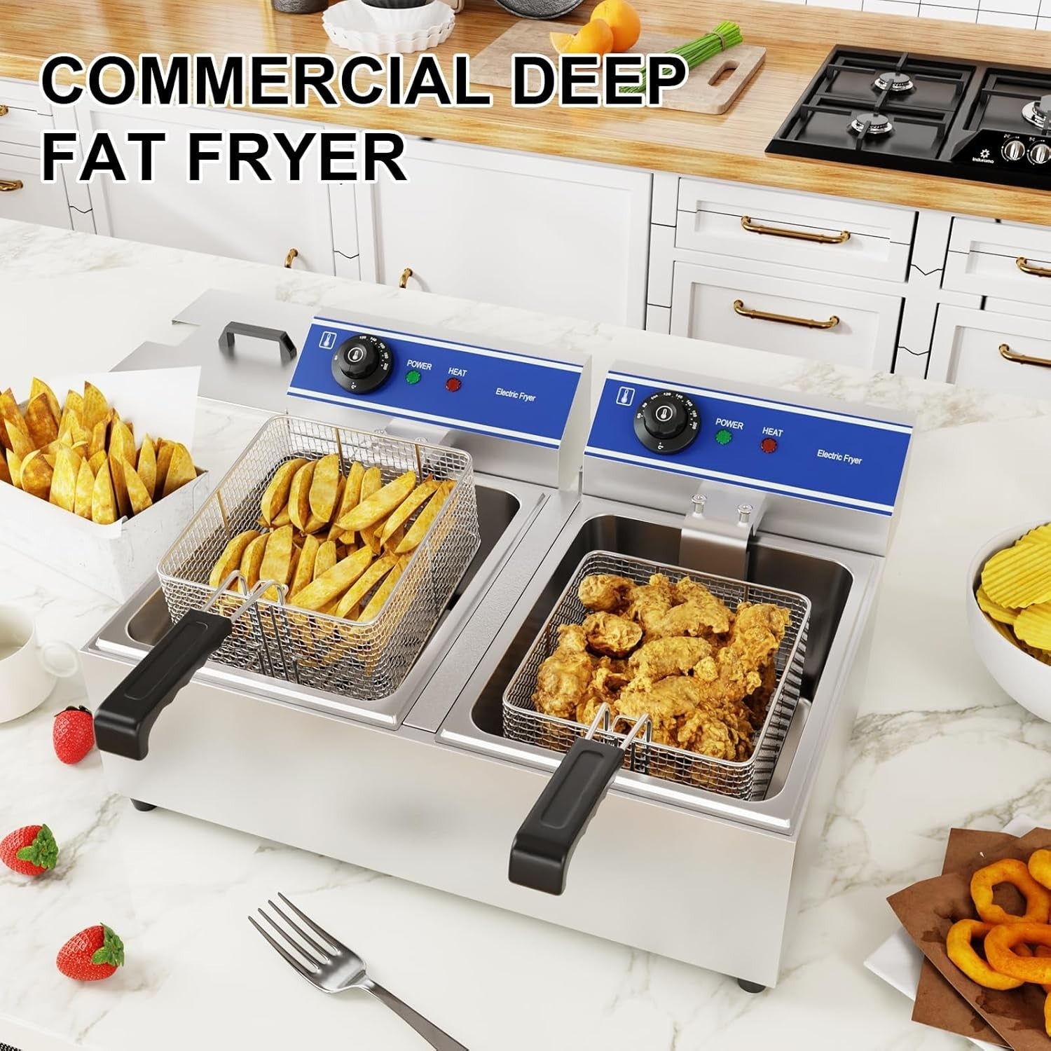 Double Tank Electric Chip Fryer 6L+6L Stainless Steel UK Plug