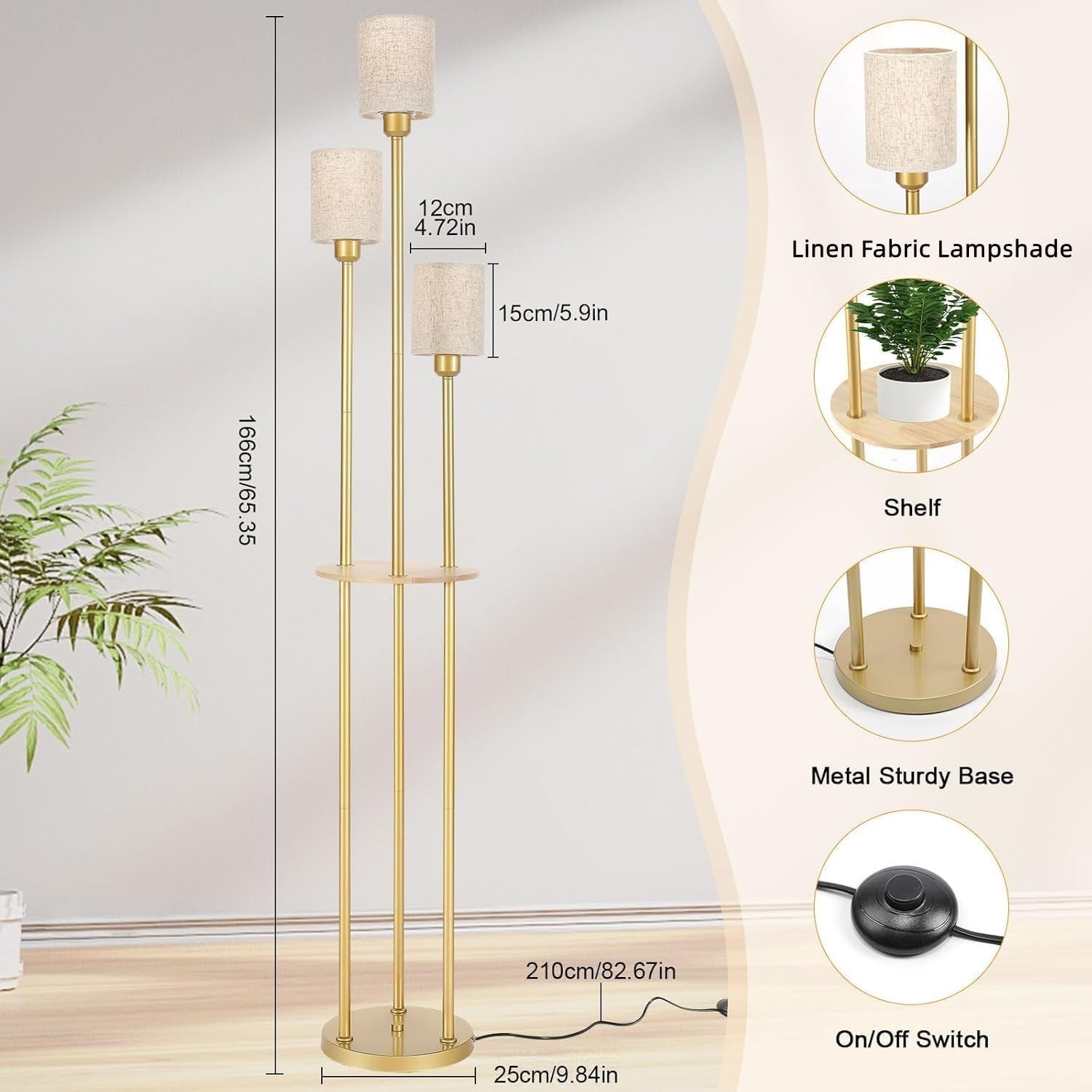 Modern 3-Light LED Floor Lamp with Shelves, Fabric Shade & Foot Switch