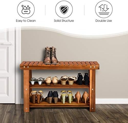 3-Tier Acacia Wood Shoe Rack Bench Wide Storage Seat for Hallway Entryway